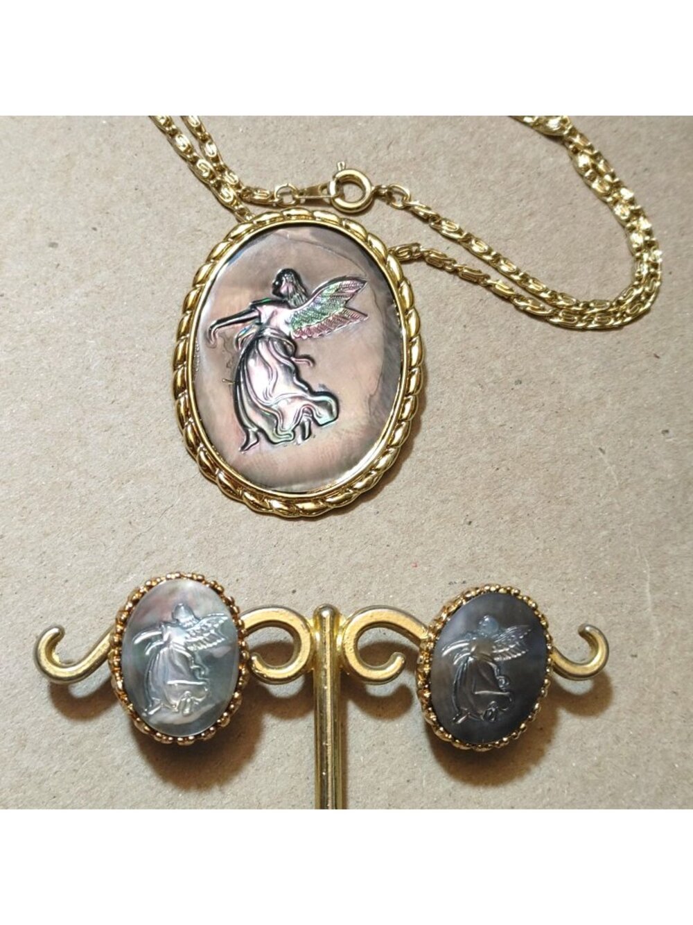 Guardian Angel Set Carved Abalone Shell MOP Necklace Brooch Earrings Gold Tone